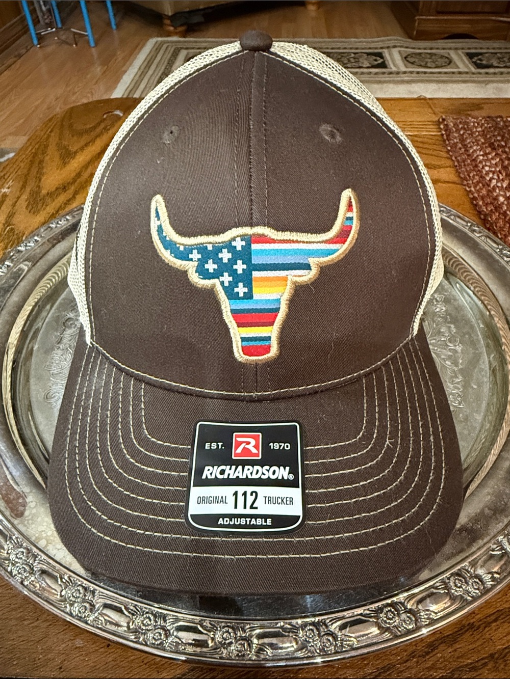 Ariat Men's R112 Brown Trucker Snapback Hat USA Flag Bull Skull Patch